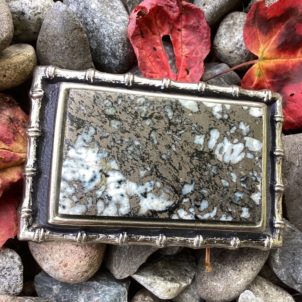 Vintage Bright Pyrite Artisan Stone On Outlined Rectangular Metal Belt Buckle